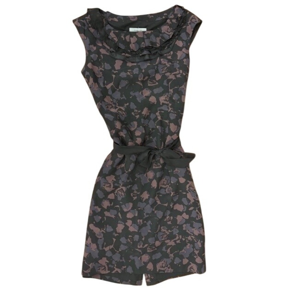 Classiques Entier Petra Silk Sheath Dress Purple Black Floral Ruffle Neck 6 NEW
